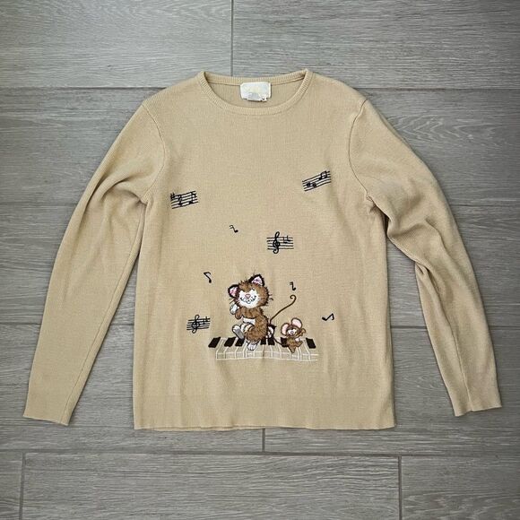 Lilly of California Vintage Sweater Cat and Mouse Piano Muisc Notes Size M Beige - Picture 1 of 4
